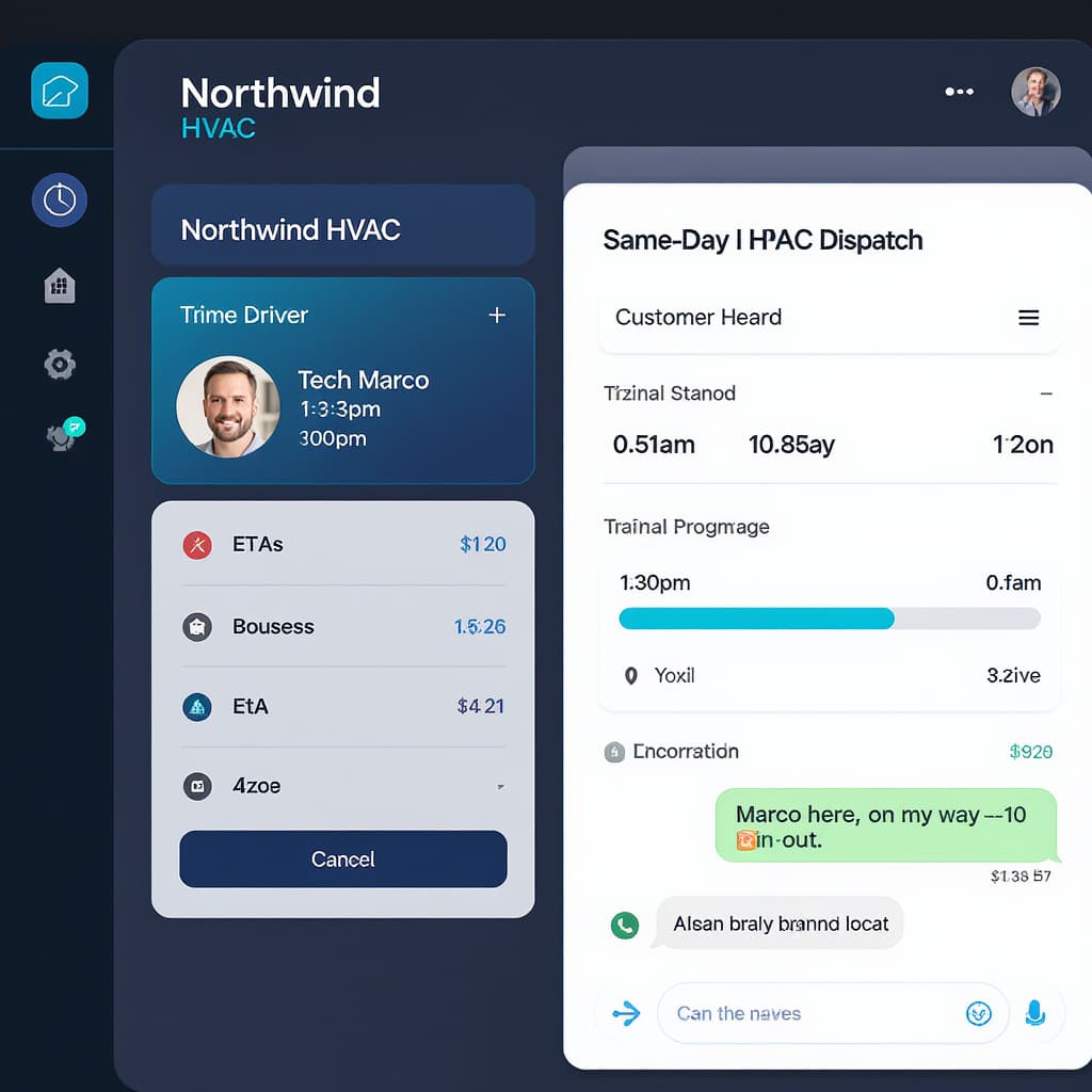 Northwind HVAC same-day dispatch board with tech Marco en route