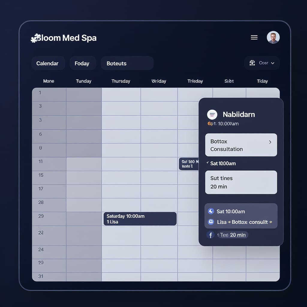 Bloom Med Spa calendar UI showing a Saturday 10:00am Botox consultation
