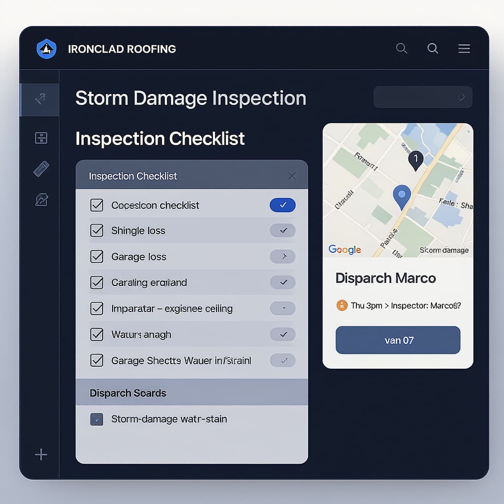 Ironclad Roofing storm-damage inspection checklist and dispatch board
